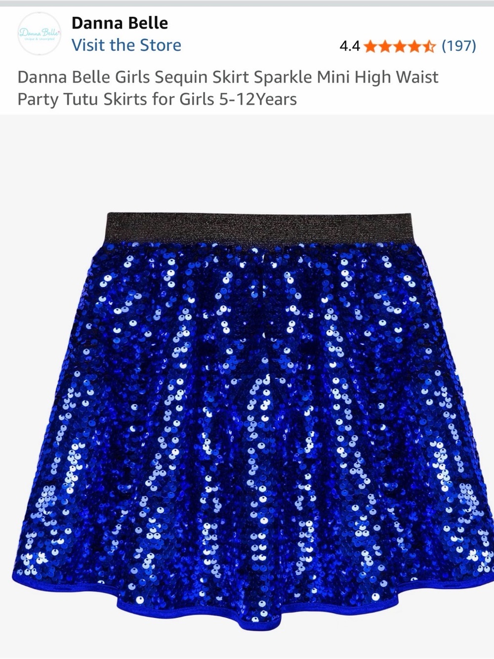 Girls Annabelle Blue Sequin Skater Skirt with Black Elastic Waistband